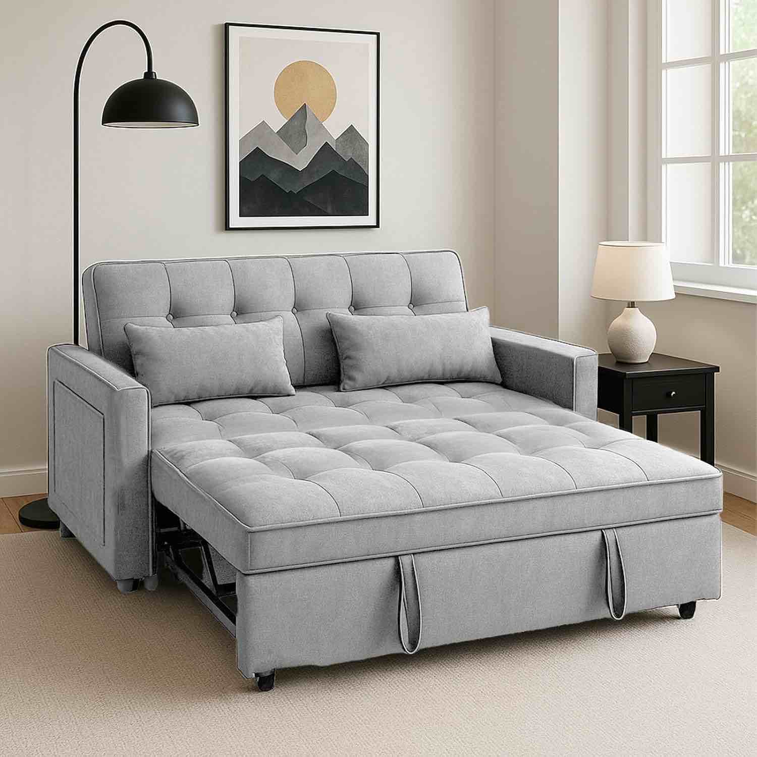 “Incomplete “3 in 1 Convertible Sleeper Sofa Bed, Modern Velvet Loveseat Futon Sofa Couch w/Pullout Bed, Small Love Seat Lounge Sofa w/Reclining Backrest, Toss Pillows, Pockets, Furniture for Living Room, Grey