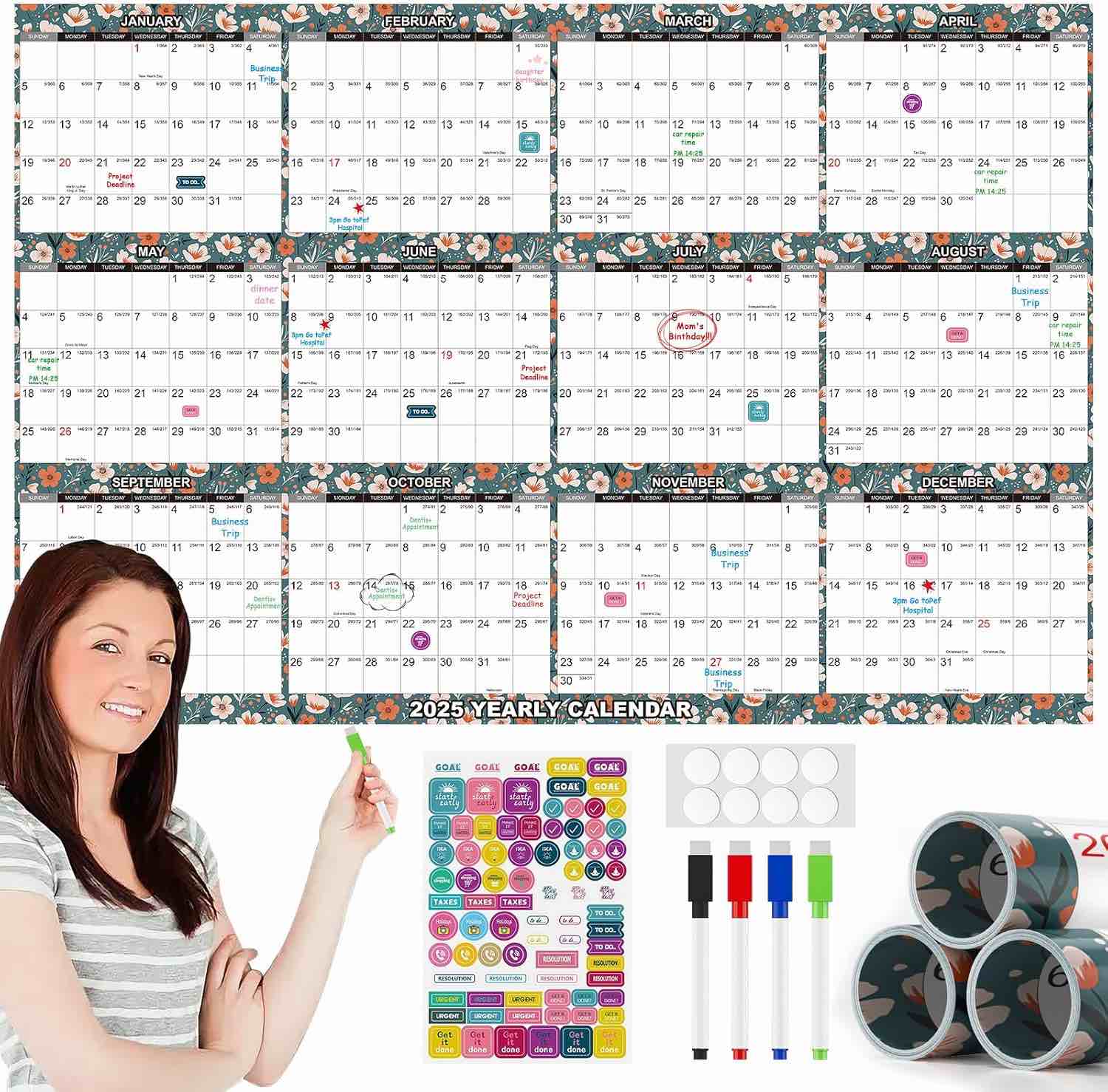 32”x48” Wall calendar Erasable Rolling packing 12 Month Yearly planner wet & dry erase 
