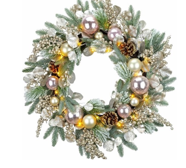 yutime lighted christmas wreath 24” *damage box & dent on one of the ornaments please see photos *