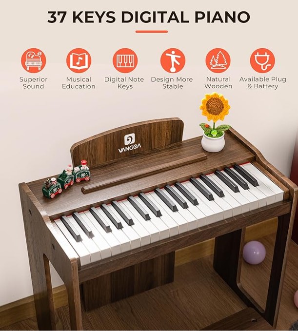 ZIPPY Kids Piano Keyboard, 37 Keys Digital Piano for Kids, Music Educational Instrument Toy, Wood Piano for 3+ Girls and Boys