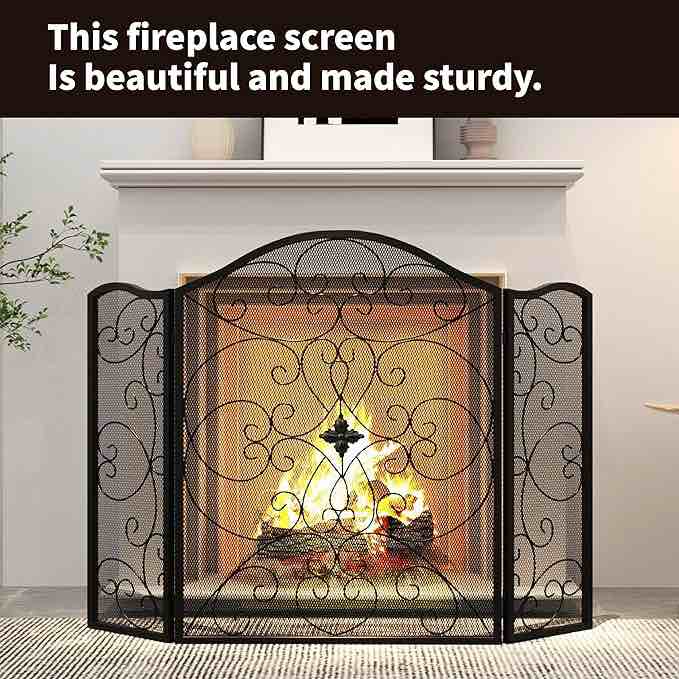 SCENDOR Fireplace Screen 3 Panel Wrought Iron 50"(L) x 36"(H) Modern Stylish Foldable Safety Fire Place Fence Spark Guard Cover Black