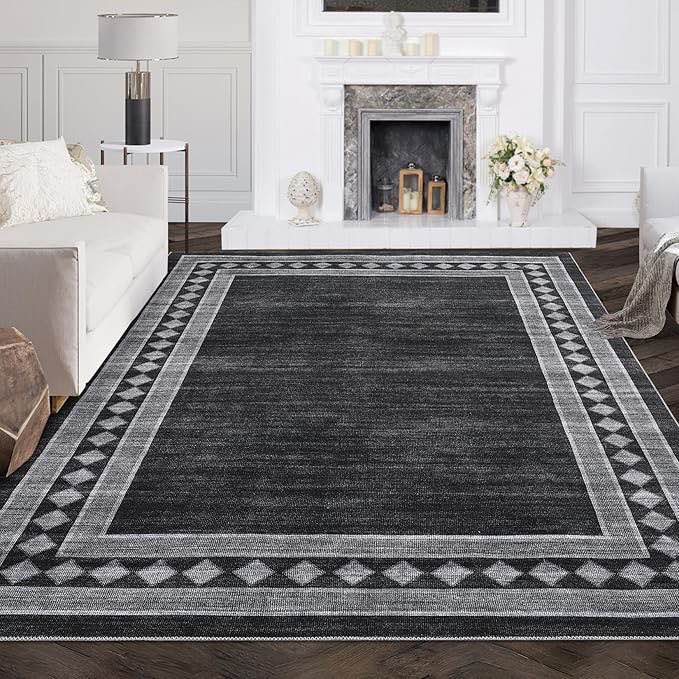 Modern Washable Rugs 8 x 10 Rug for Living Room Washable Rugs for Bedroom Non Slip Large Throw Rugs Black Rug Low Pile Chenille Stain 