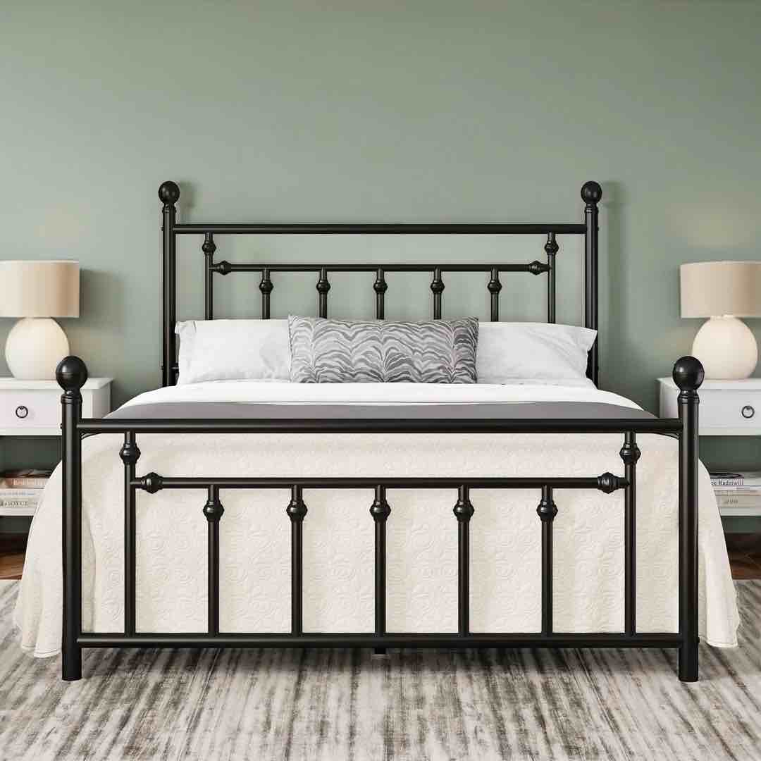 Metal Platform Bed Frame with Victorian Headboard and Footboard