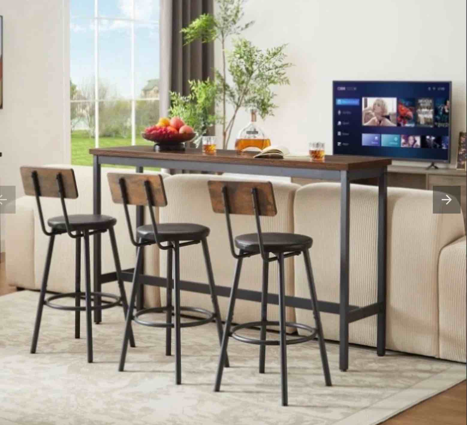 ZNTS Long Bar Table Set with 3 PU Upholstered Bar Stools, Industrial Bar Table and Chairs for Kitchen W1668P147059