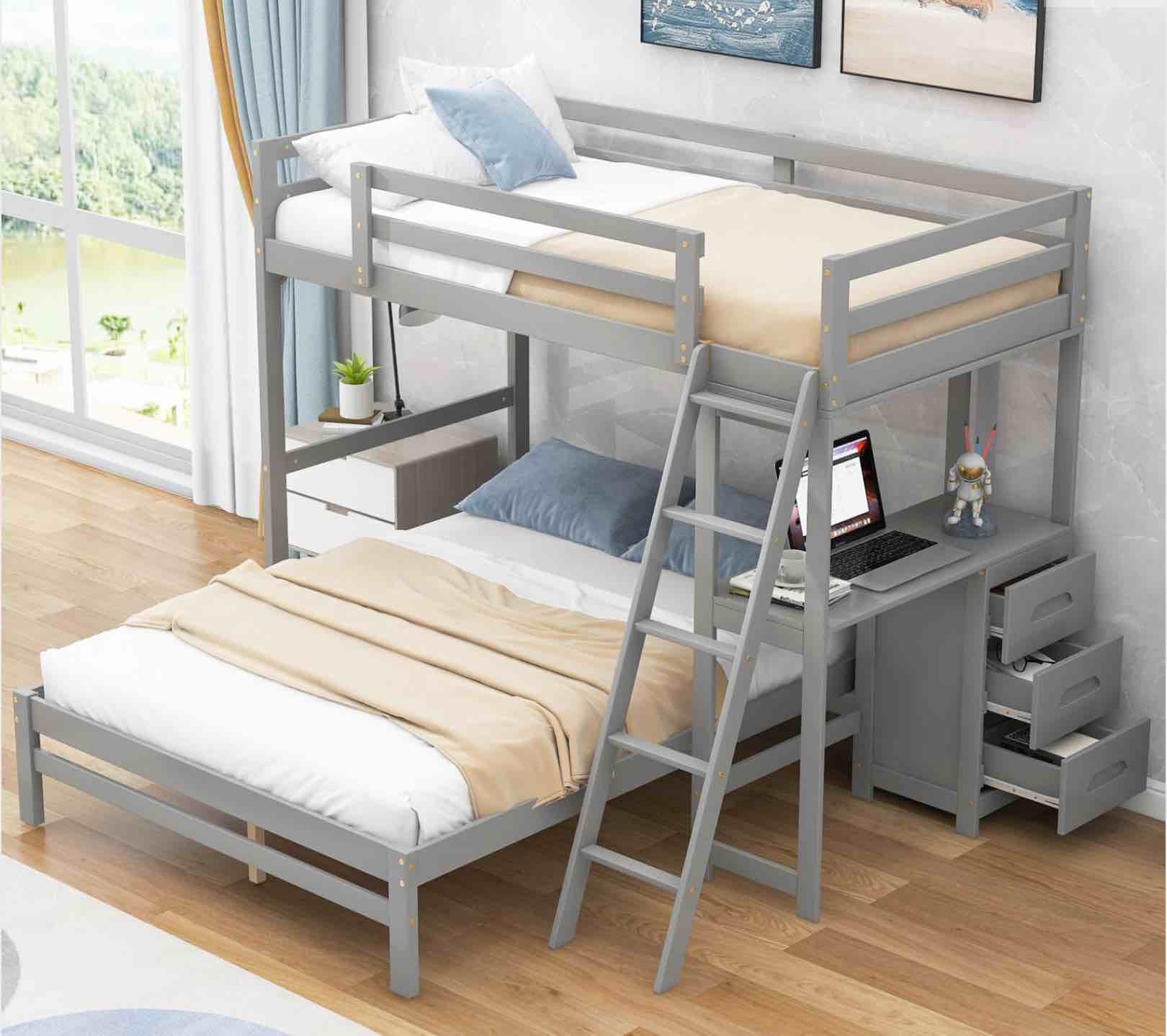 (Pickup 2Boxes) Twin Over Full Bunk Bed w/ Built-In Desk & 3 Drawers, Grey 