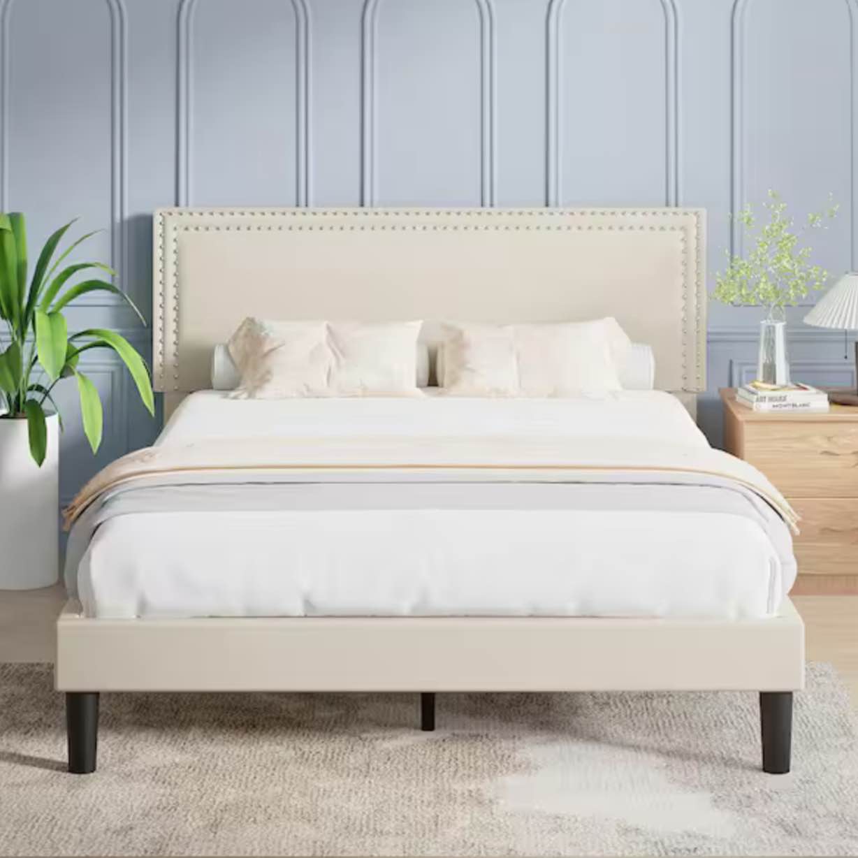 Upholstered Bed with Adjustable Headboard, No Box Spring Needed Platform Bed Frame, Bed Frame Beige Queen Bed