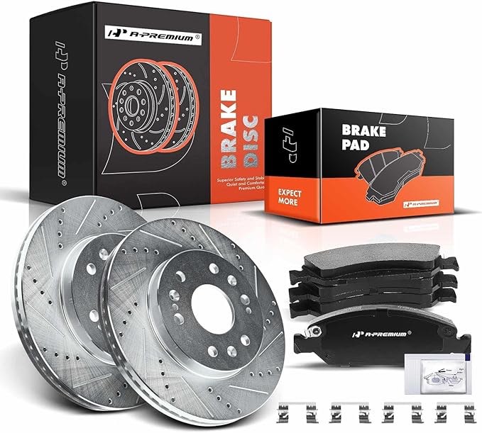 A-Premium 12.99 in(330mm) Front Drilled and Slotted Disc Brake Rotors + Ceramic Pads Kit Compatible