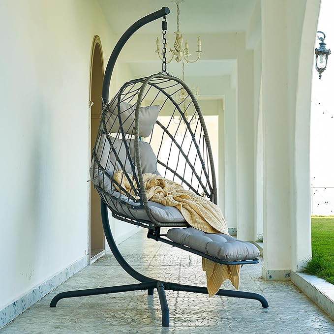 Hanging Egg Chair with Stand and Leg Rest  Rattan Wicker Swing Hammock Chair