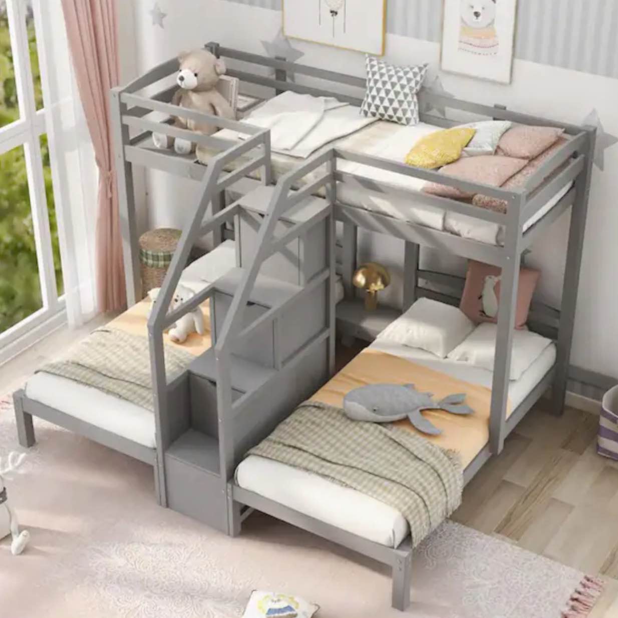 1-Box only (#1/3) Gray Twin over Twin and Twin Bunk Bed with Built in Staircase and Little Drawer