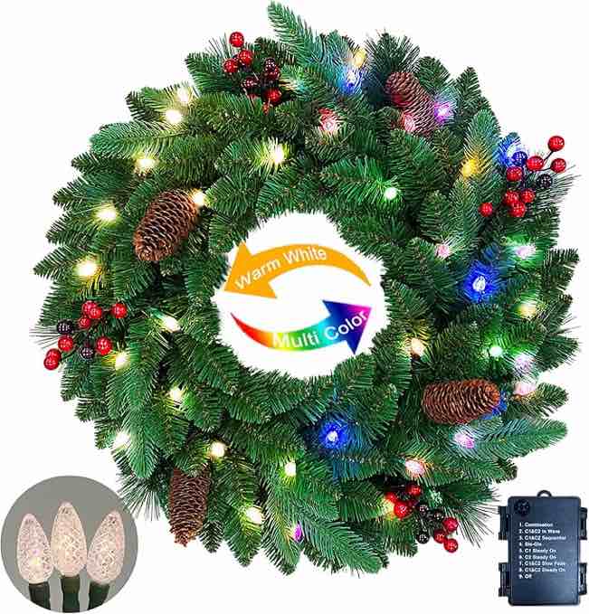 Assilyraft 26 inches Pre-lit Artificial Christmas Wreath with Red Berries, Pine Cones, 40 C3 Dual-Color Multi-Functional Battery Operated LED Lights with Timer