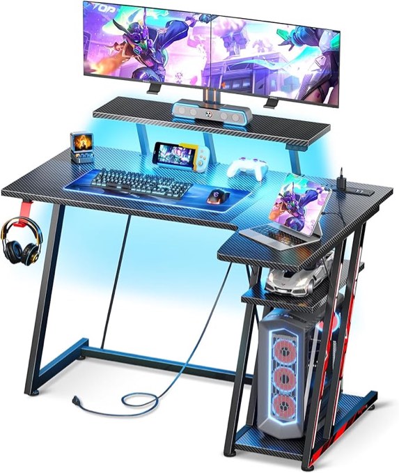 MOTPK L Shaped Gaming Desk with LED Lights, Corner Gaming Computer Desk 47inch with Power Outlets, Gaming Table with PC Storage Shelf, Gamer Desk with Monitor Shelf, Carbon Fiber Texture, Black 47 Inch Black Led
