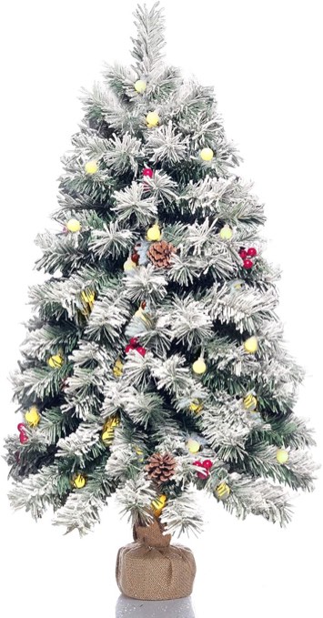 Pre-Lit Artificial Christmas Tree 3ft,Snow Flocked Xmas Pine Tree Decorated with 70 LED Lights,140 Branch White Snow Tips,7 Real Pine Cones, 10 Red Berries Christmas Snow Tree for Desktop White+green 35 inch
