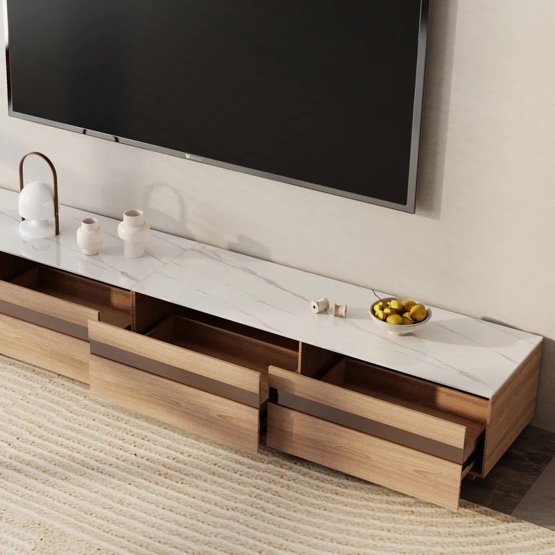 Maneeta Modern Light Wood TV Stands, Stone Table-top, Drawers, Fully Assembled