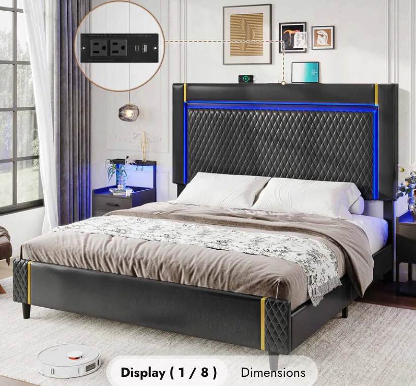 queen Bed Frame, Bed Frame, Upholstered Bed Frame With Charging Station And Led Lights DJ503211_1