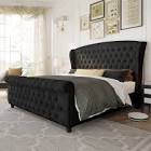 Dulane Velvet Upholstered Sleigh Bed with Scroll Wingback Headboard & Footboard