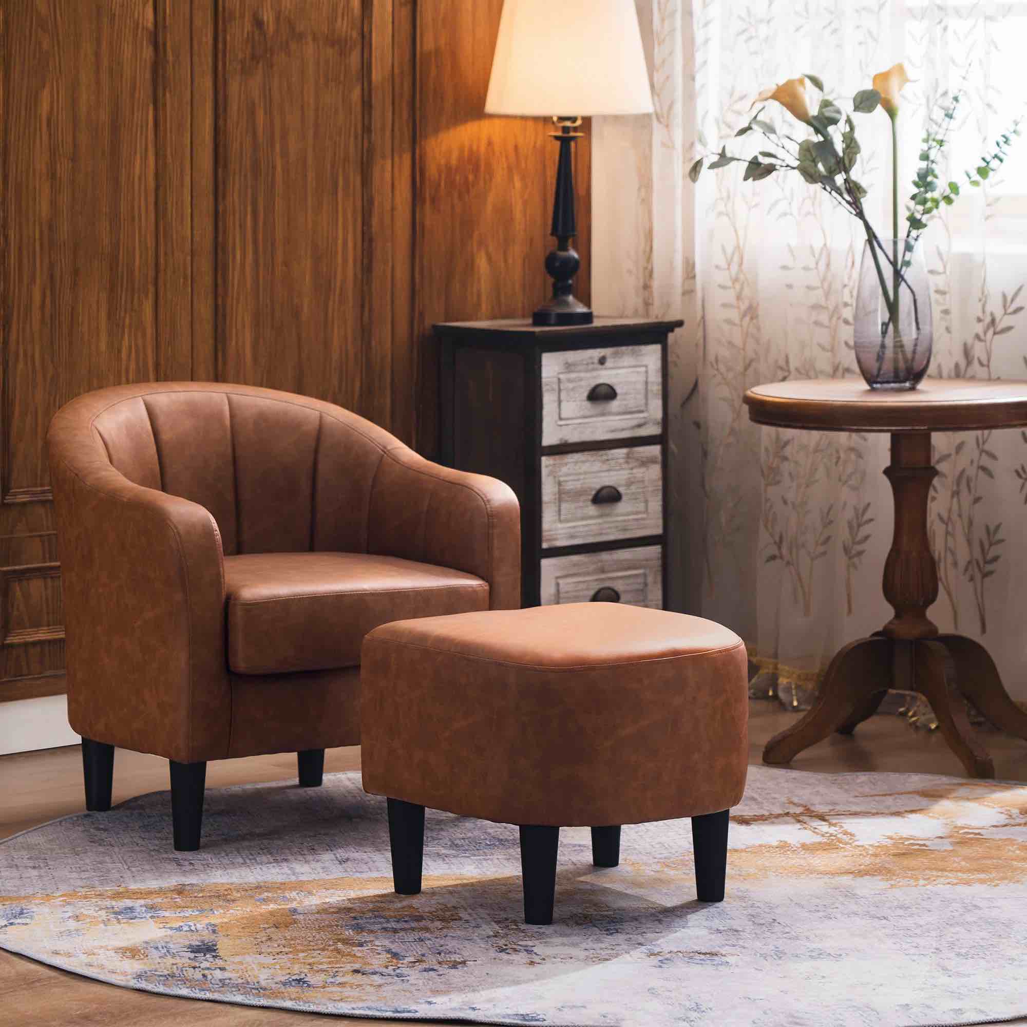 Jeryl Accent Chair with Ottoman, Faux Leather Upholstered Barrel Armchair