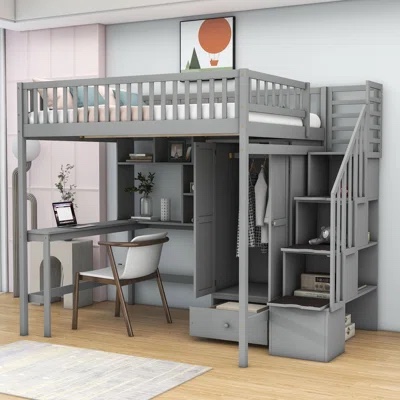 Gonul Wooden Loft Bed With Built-In Desk, Wardrobe and Drawer