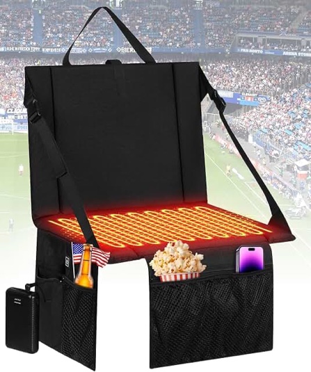 Heated Stadium Seat Cushion Pad Cordless Rechargeable 149F USB Battery Heated Bleacher Cushion Portable Heating Pad with Backrest Heating for Outdoor Camping, Fishing - 3 Heat Settings (NO Power Bank) Black