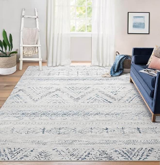 Area Rug Living Room Carpet: 8x10 Large Moroccan Soft Fluffy Geometric Washable Bedroom Rugs Dining Room Home Office Nursery Low Pile Decor Under Kitchen Table Blue/Ivory