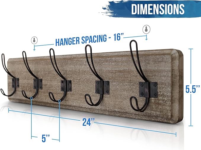 Rustic Coat Rack with 5 Hooks  Weathered Brown Wall Mounted 24" Coat Rack - Solid Pine Wood Entryway Hanger for Hanging Clothes, Hats, Purse, Keys - Vintage Farmhouse Coat Rack for Kitchen, Bedroom 24 Inch 1- Weathered