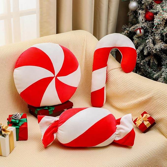 Suzile 3 Pcs Christmas 3D Candy Throw Pillows Red White Peppermint Pillow Xmas Red Spiral Lollipop Pillow Christmas Home Gift Set for Couch Cushion Sofa Decor, 18 Inch