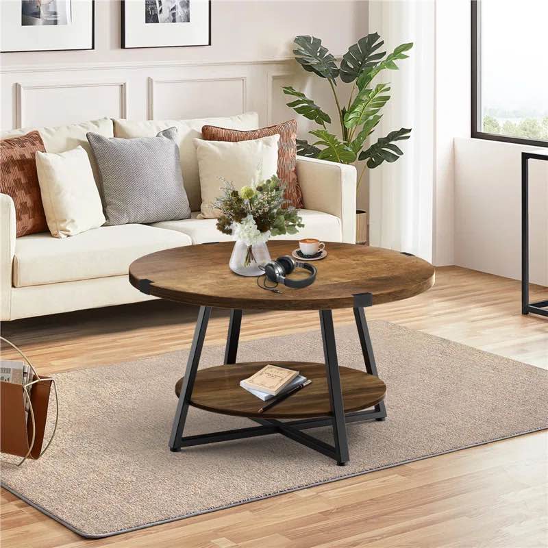 Jahaira Round Coffee Table with 2-Tier Storage Shelves Color: Rustic Oak