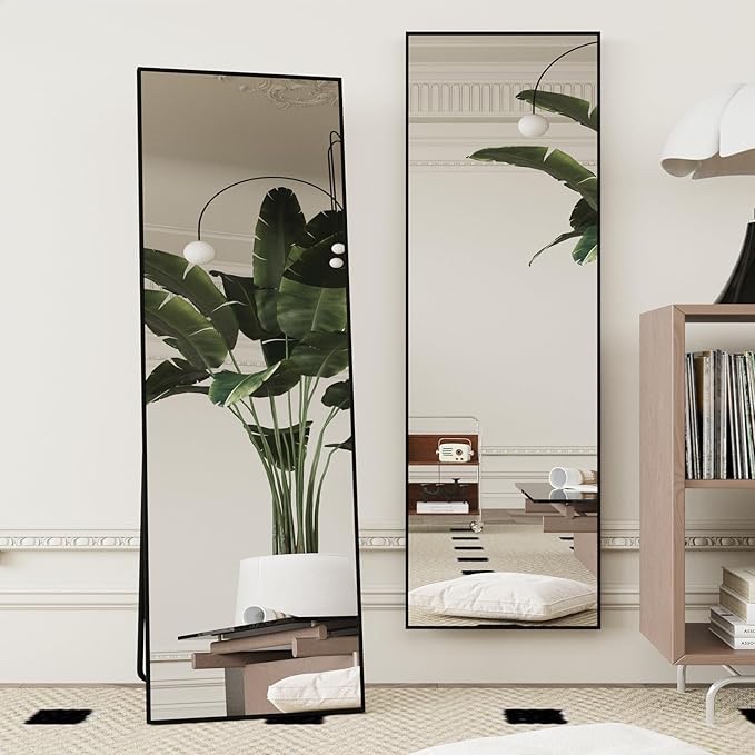 Beauty4U 59" x 16" Tall Full Length Mirror with Stand, Black Wall Mounting Full Body Mirror, Metal Frame Full-Length Tempered Mirror for Living Room, Bedroom