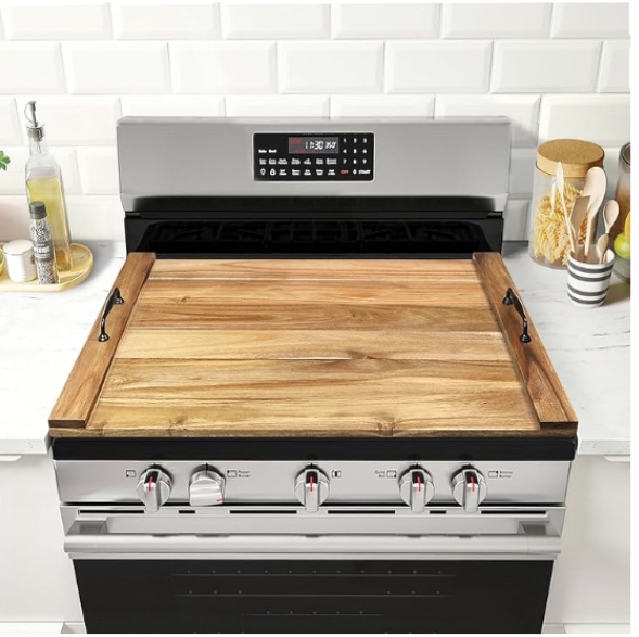 BENESKY Noodle Board Stove Cover, 30 x 22 Inch Acacia Wood Stove Top Cover Board with Handles, Farmhouse Gas Stove Top Cover Board Electric Stove Sink Cover RV Serving