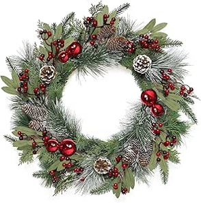 TOCHGREEN 24 Inch Artificial Christmas Wreath for Front Door Decorated with Pine Cones,Ball Ornaments,Frosted Branches,Evergreen Leaf,Christmas Home Decor,Xmas Christmas Decorations Indoor Outdoor