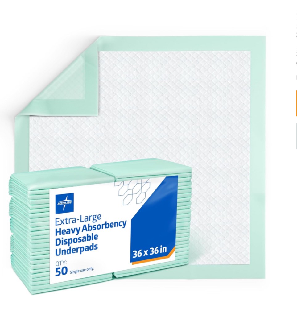 Medline Incontinence Bed Pads 36 x 36 Inches (Pack of 50), Super Absorbent Extra Large Disposable Underpads for Surface Protection, Thick Quilted Chucks Pee Pads for Adults, Kids and Babies, Green