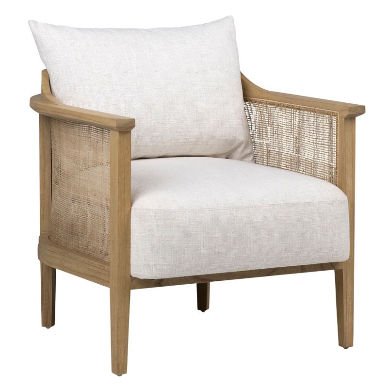 Kimbrel Polyester Blend Upholstered Mindi Wood Accent Chair w/ Rattan Accents
