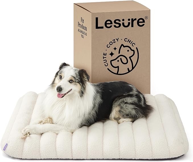 Lesure Orthopedic Dog Bed for Large Dogs, Waterproof Chic Flat Dog Bed with Removable Cover, Thick Egg Crate Foam, Cute Fuzzy Pet Beds for Indoor Dogs (36" x 27", Cream)