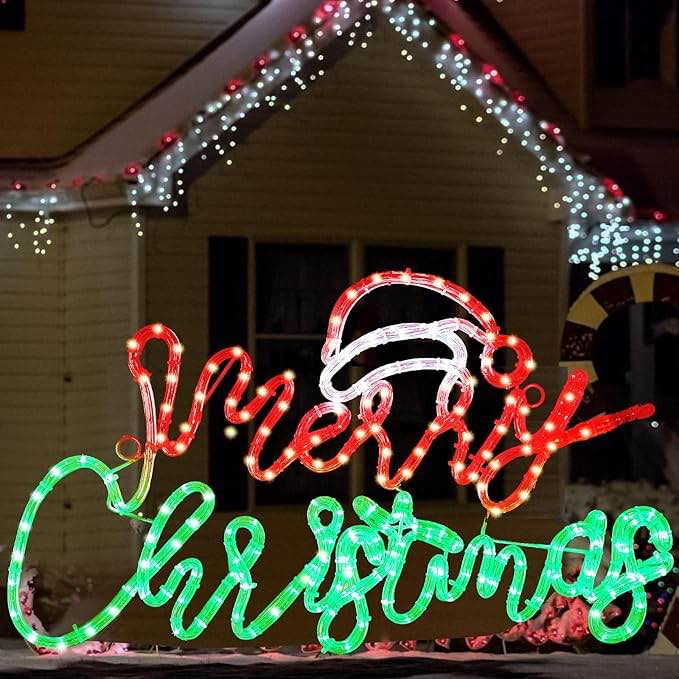Retisee 24 Inch Jumbo Merry Christmas Neon Light Outdoor Large Merry Christmas Neon Signs Waterproof LED Christmas Sign for Indoor Home Window Party Garage Walls (Hat)