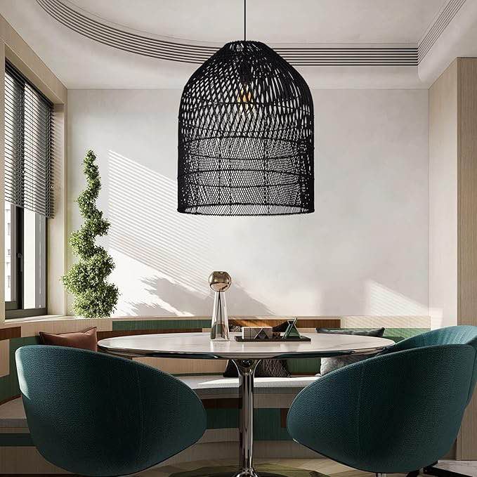 Wicker Bell Pendant Lamp, Arturesthome Design Basket Rattan Woven Pendant Light Shades, Handmade Hanging Ceiling Lights Crafts Lampshade Black 42x52cm