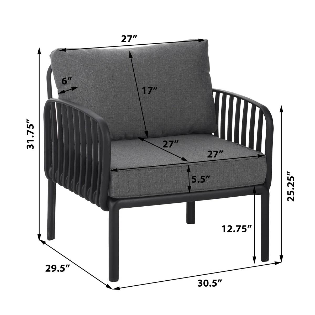 Outdoor Patio Club Chair, Waterproof Thick Cushion Seating, Black & Dark Gray *missing hardware* 