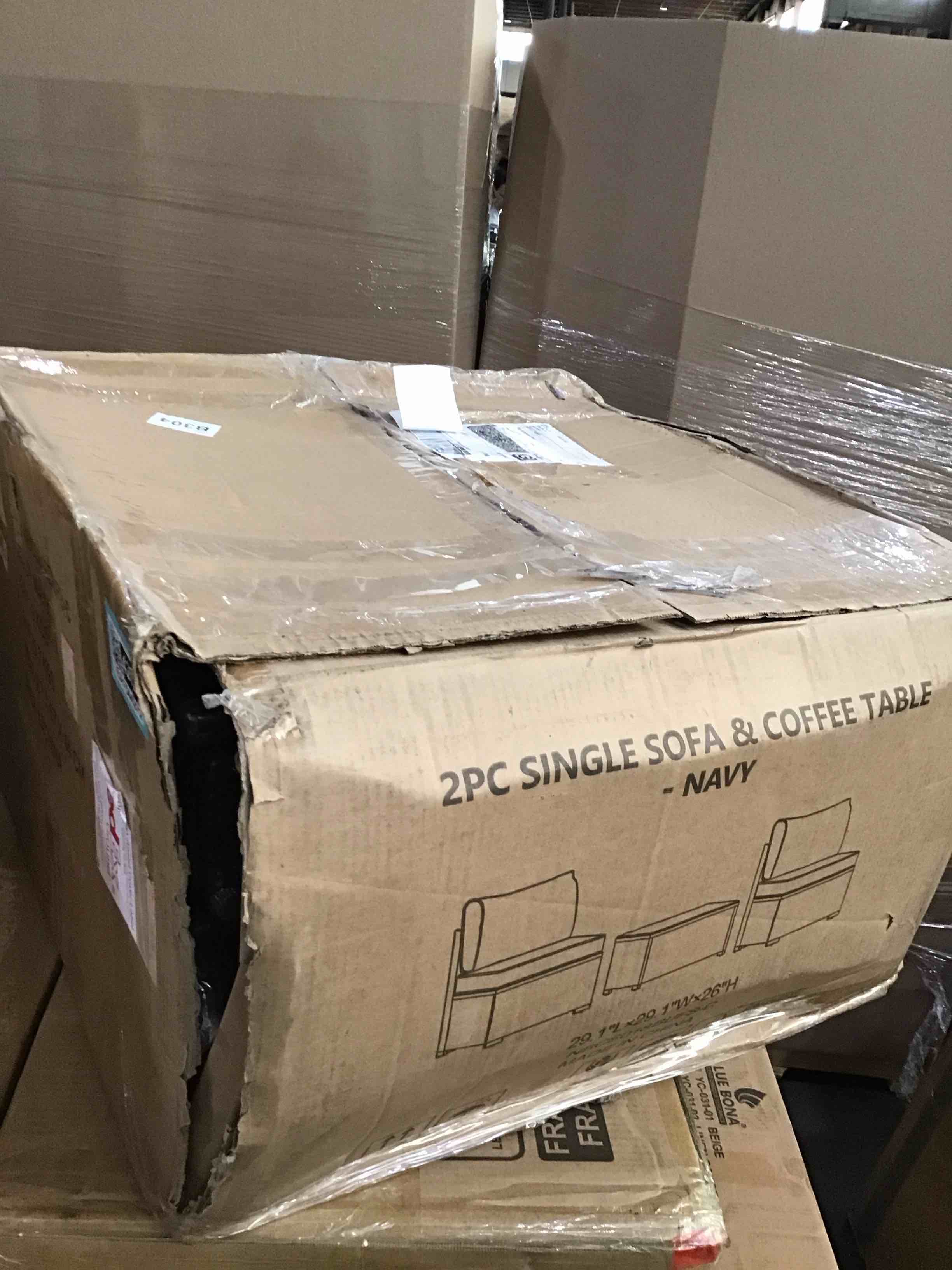 2 pc single sofa and coffee table, navy, may be missing pieces, 2 boxes 