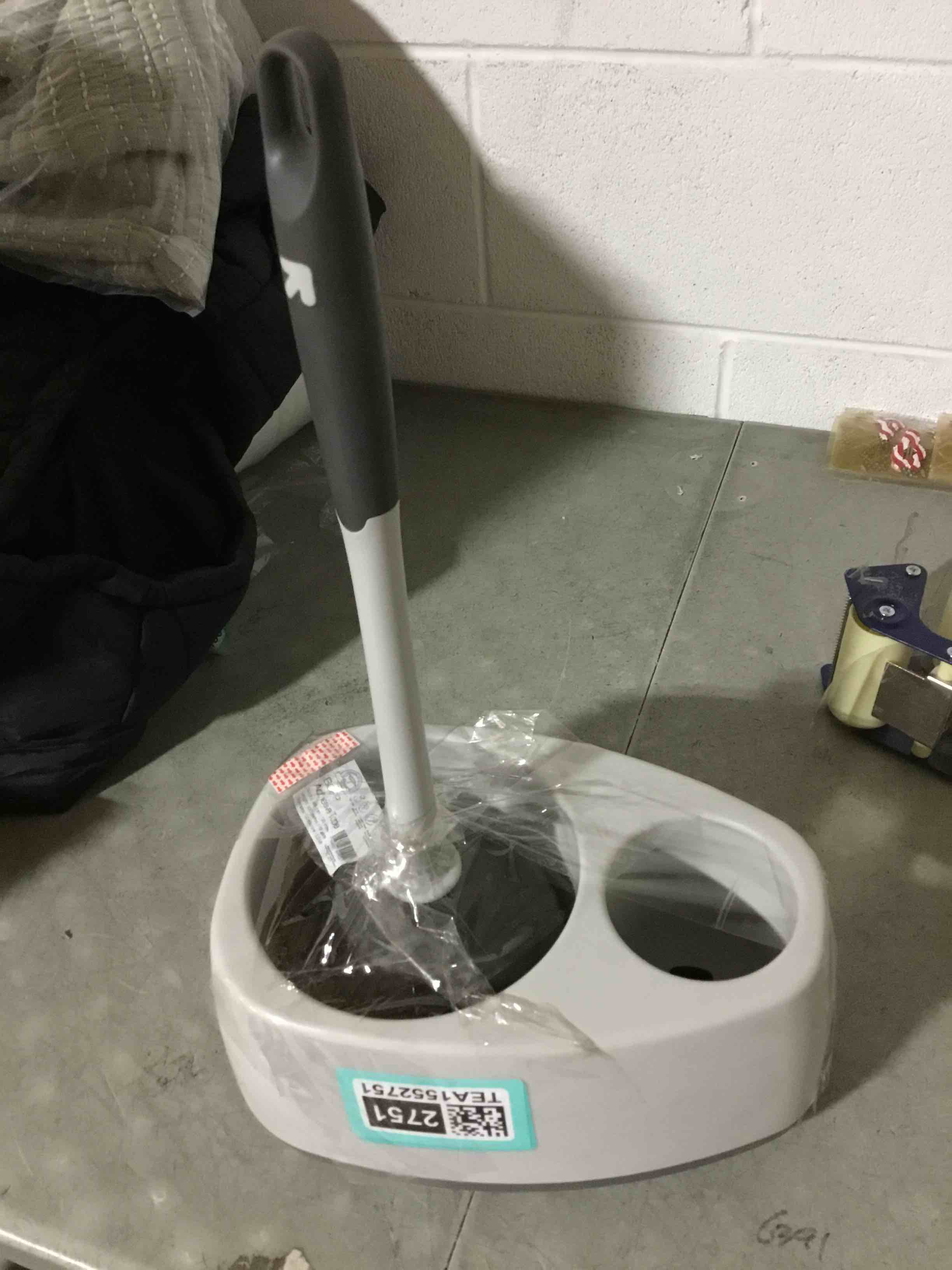 Condition photo showing As Is for (INCOMPLETE, IMAGE SIMILAR))Clorox Toilet Plunger and Bowl Brush Combo with Caddy, 6.75 x 7 x 19.5 in, White/Gray