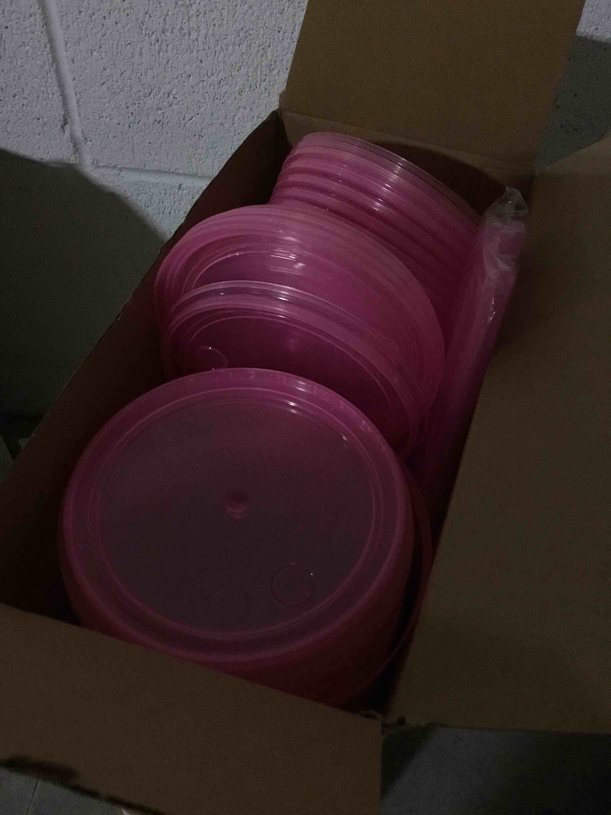 Condition photo showing Good Condition for (COLOR PINK) 12 Pack 32oz St Patrick's Day Buckets with Lids and Straws Plastic Shamrock Cocktail Rum Buckets for Drink and Ice Cream Reusable Punch Bowls Cups for Party (Style 3, pink, Light pink) 32 oz Clover 12