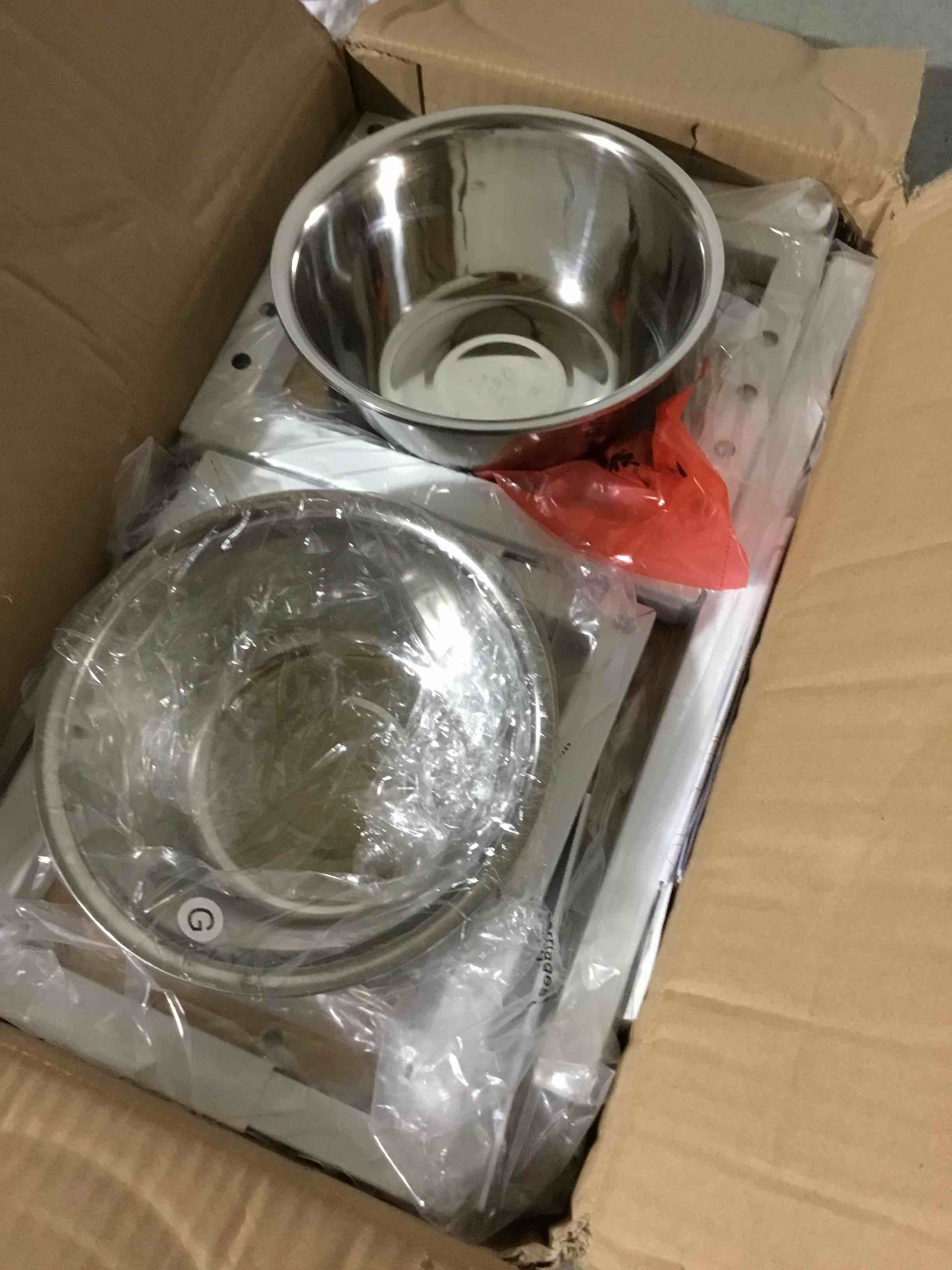 Condition photo showing As Is for Dog Bowls Elevated, 4 Height (9.6" to15) & Angle (0-20°) Adjustable Raised Dog Bowl Stand, Elevated Dogs Bowl for Medium to Large Sized, Bamboo Feeding Station with 2X 10cups Stainless Steel Dishes M to L Black(2*10cup)