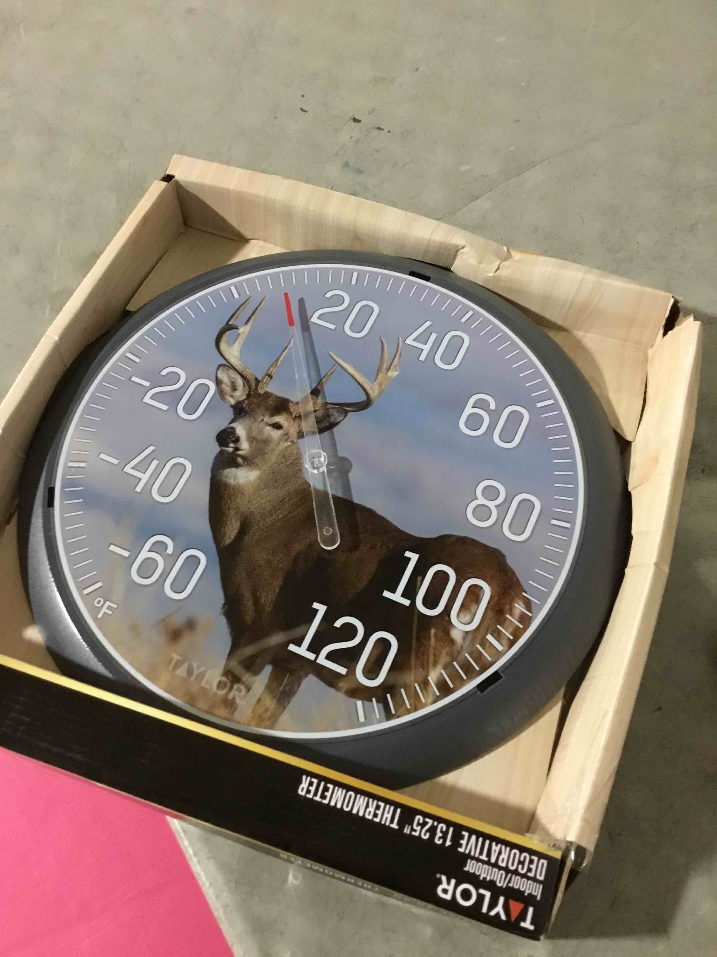 Condition photo showing As Is for (IT’S WHAT IT LOOKS LIKE ) (SIMILAR)Taylor White Tail Deer Large Indoor Outdoor Dial Thermometer, Wireless Thermometer with Easy to Read Large Numbers for Patio, Pool, Garden or Garage, and Indoor Areas, 13.25-inch, White Tail Dee, Blue