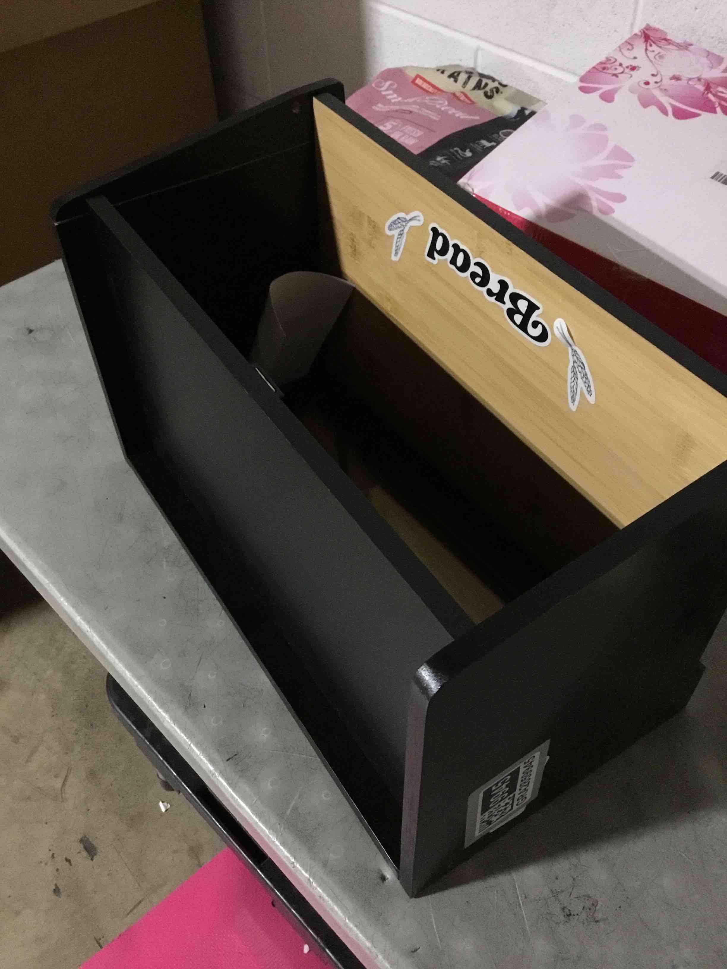 Condition photo showing As Is for Black Bread Box for Kitchen Countertop, Vintage Wooden Counter Breadbox, Homemade Bread Storage Container for Sourdough Loaf, Small Farmhouse Corner Kitchen Countertop Organizer for Cabinet