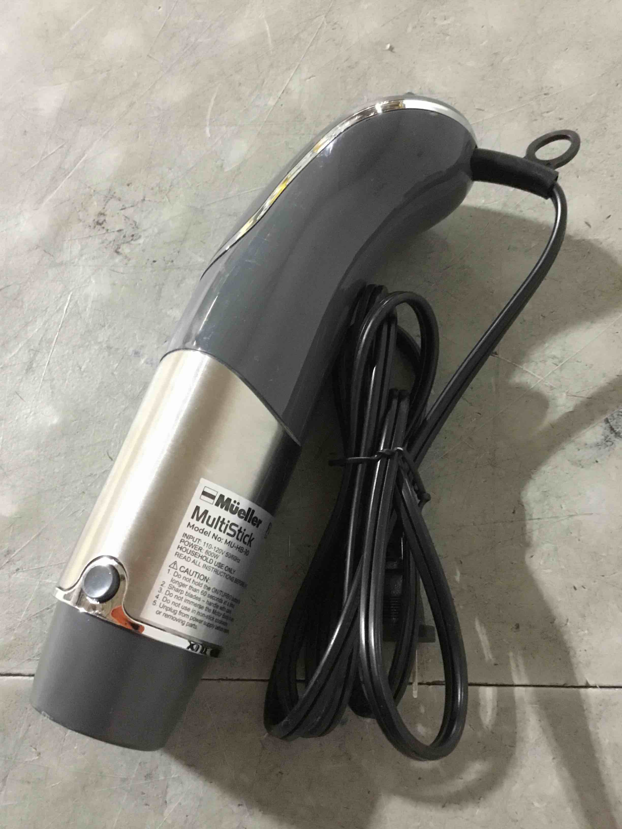 Condition photo showing As Is for (incomplete)mueller multistick 5-in-1 immersion blender handheld,12 speed hand mixer-turbo boost,heaviest duty copper motor,titanium reinforced blades hand blender,milk frother wand,whisk,beaker,chopper,grey
