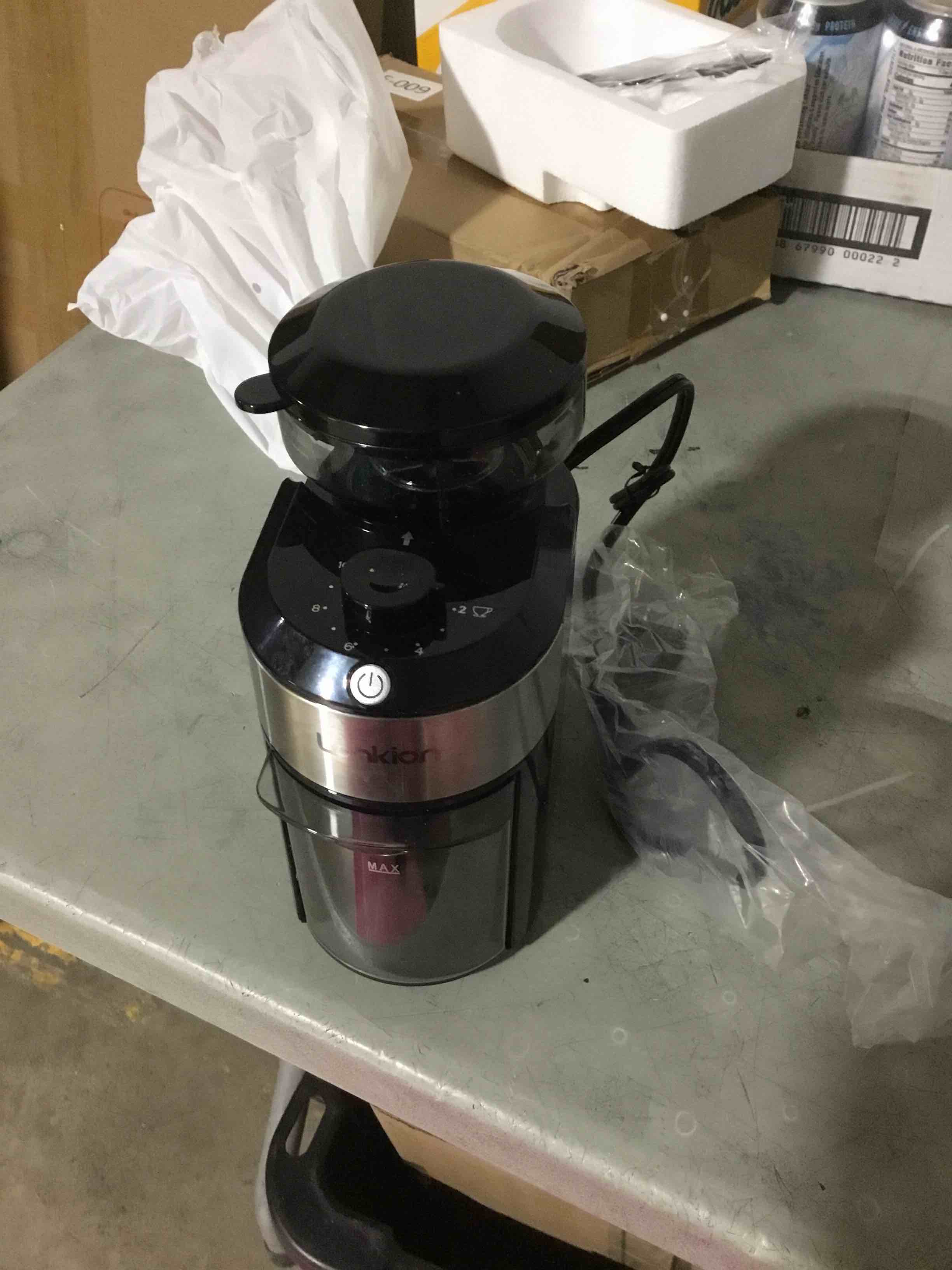 Condition photo showing Good Condition for lonkion burr coffee grinder electric - adjustable burr grinder with 28 precise grind settings for 12 cups - coffee grinders for home use - professional coffee bean grinder - stainless steel black