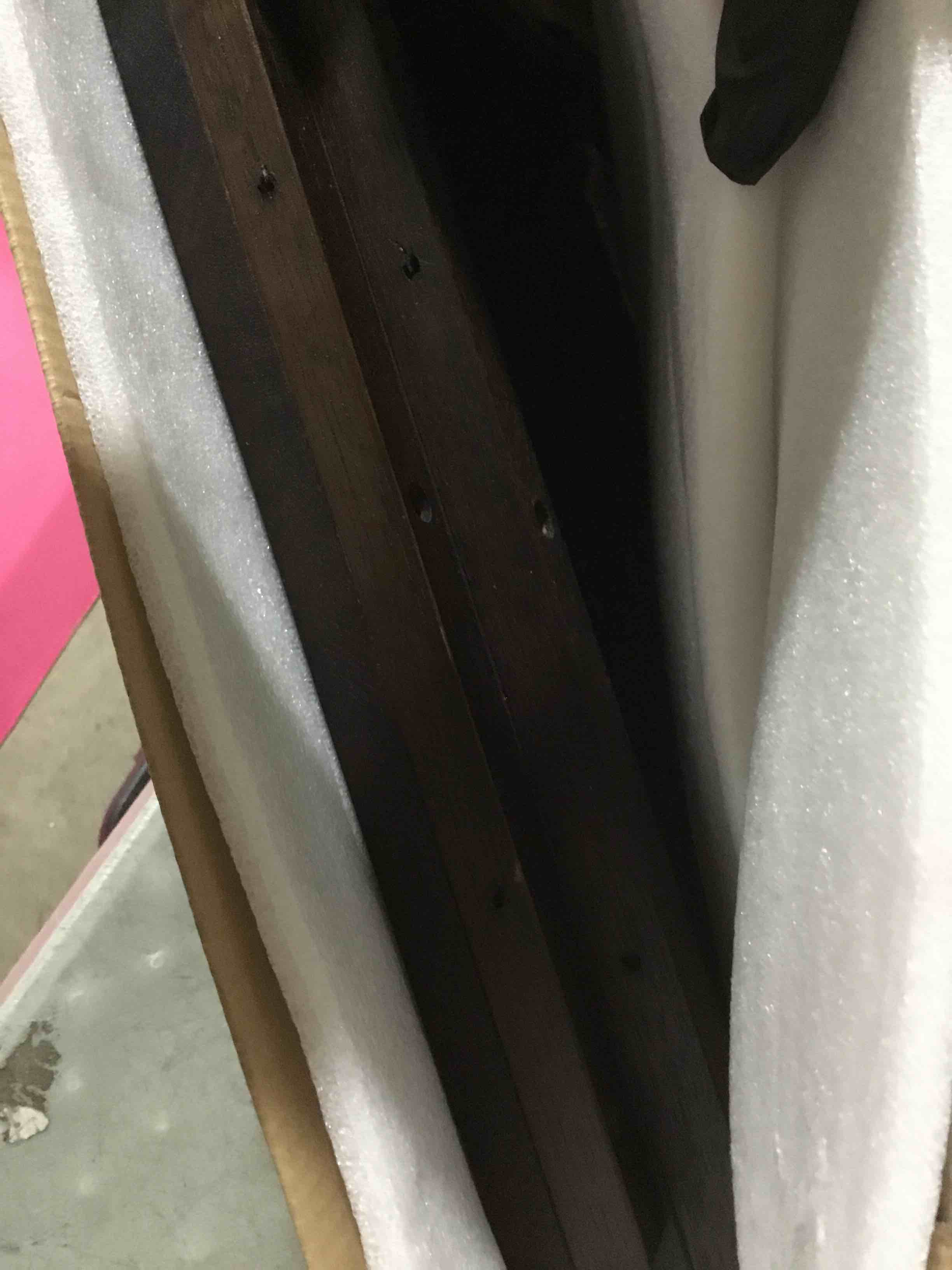 Condition photo showing As Is for corner shelves, floating corner shelf, set of 2 16inch solid oak wood corner wall shelves, round end with wire hole for small plant for bedroom kitchen, living room 16in 2p walnut