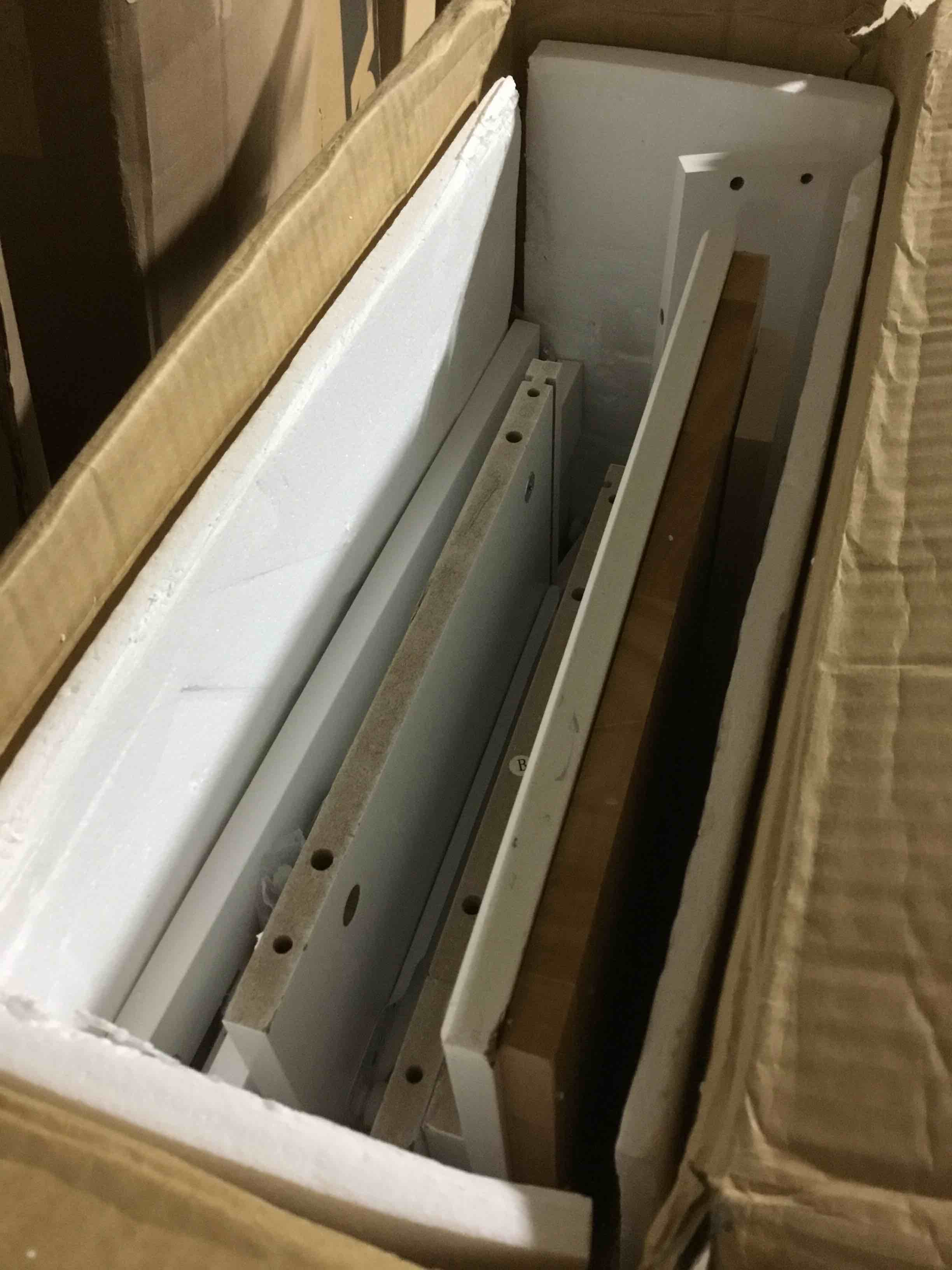 Condition photo showing As Is for haripul double tilt out trash cabinet, 26 gallon trash can cabinet with drawers & handles for kitchen, white/light brown top