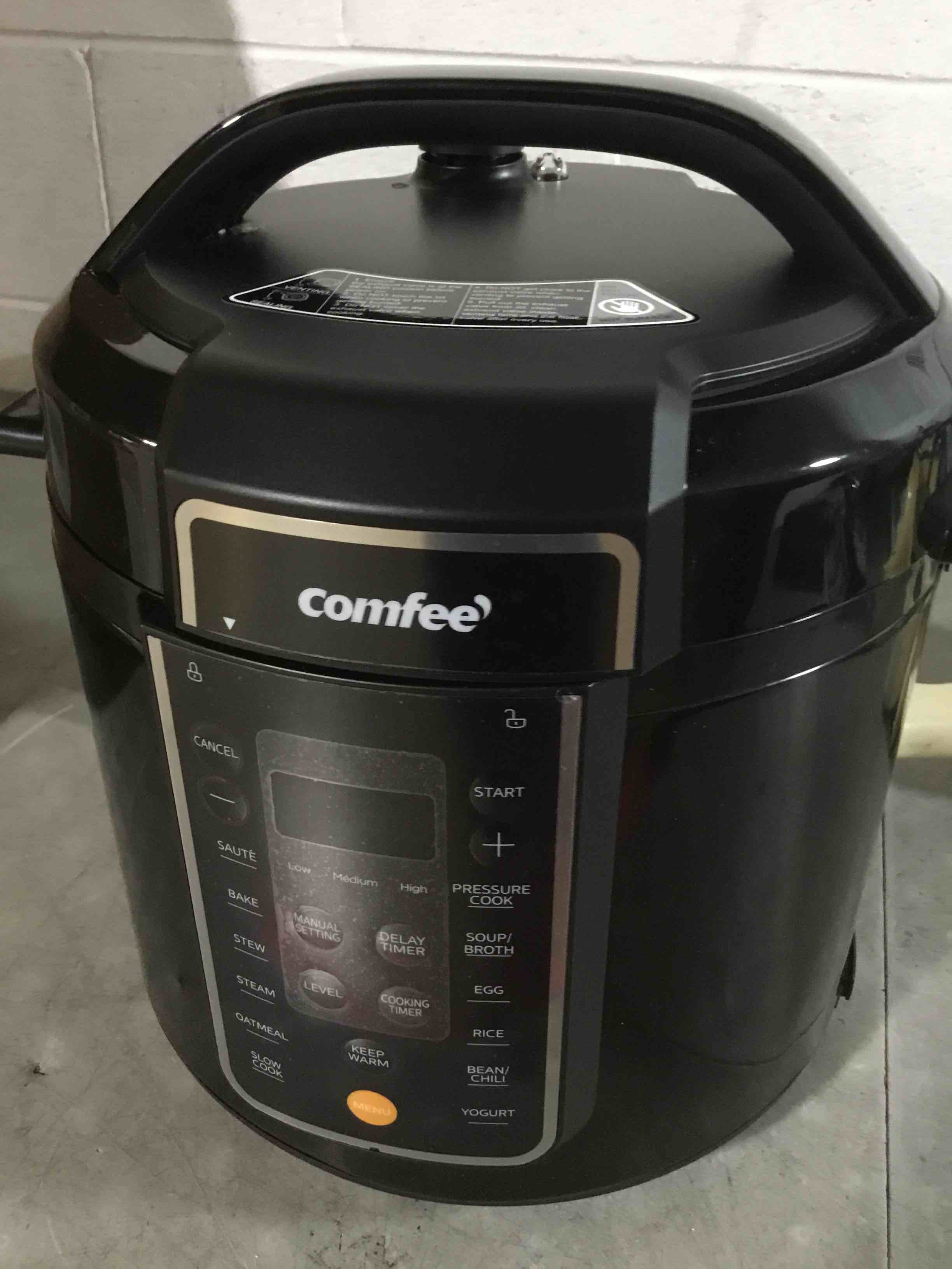 Condition photo showing As Is for (damaged)comfee' 9-in-1 electric pressure cooker, 14 presets instant multi cooker olla de presion non-stick pot yogurt maker rice cooker slow cooker sauté steamer 6 quarts black black 6 quarts