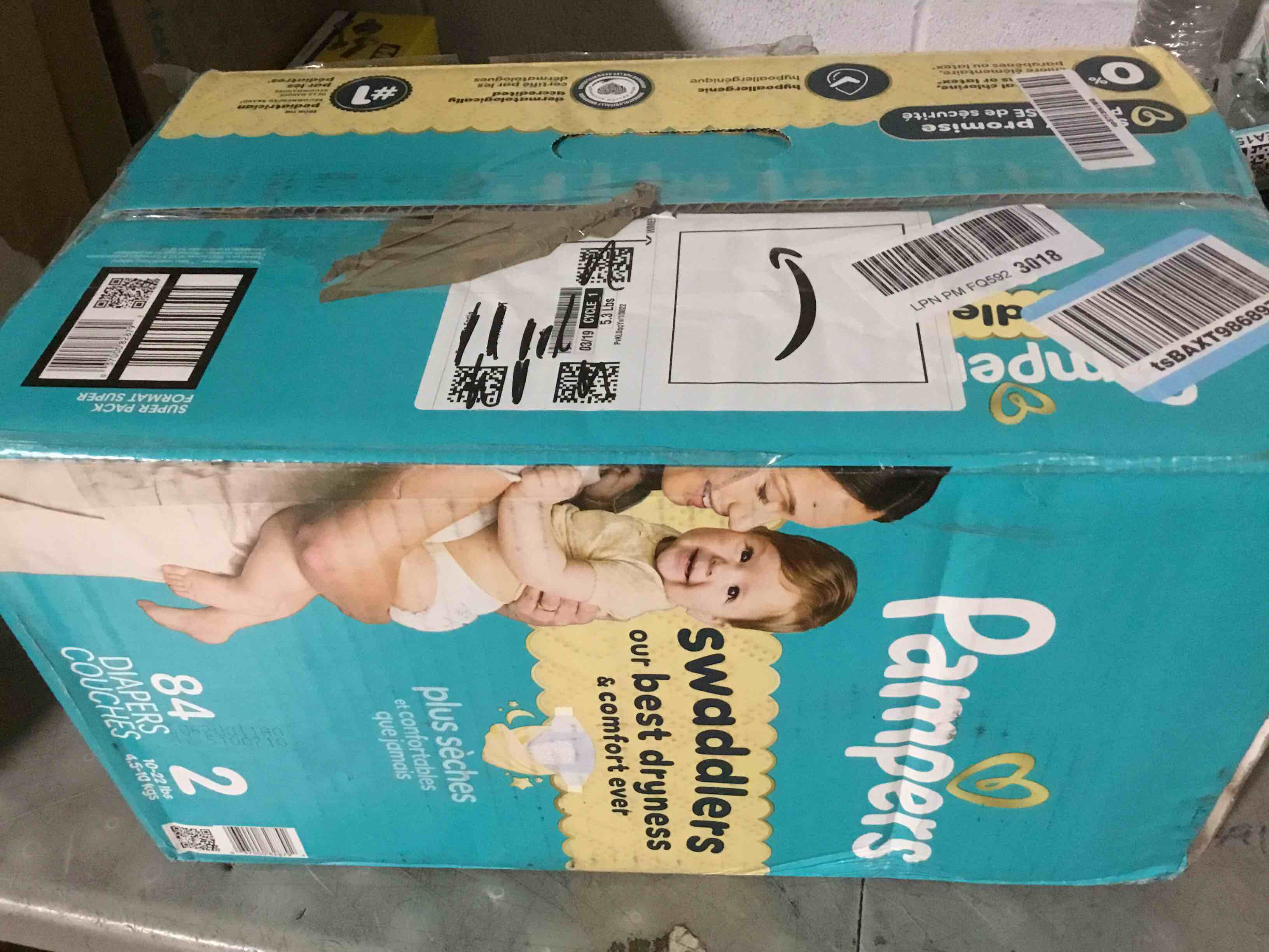 Condition photo showing New/Like New for pampers swaddlers diapers, size 2 (10-22 lbs), 84 count, absorbent, keeps baby dry and comfortable, skin safe disposable baby diaper (packaging may vary) size 2 84