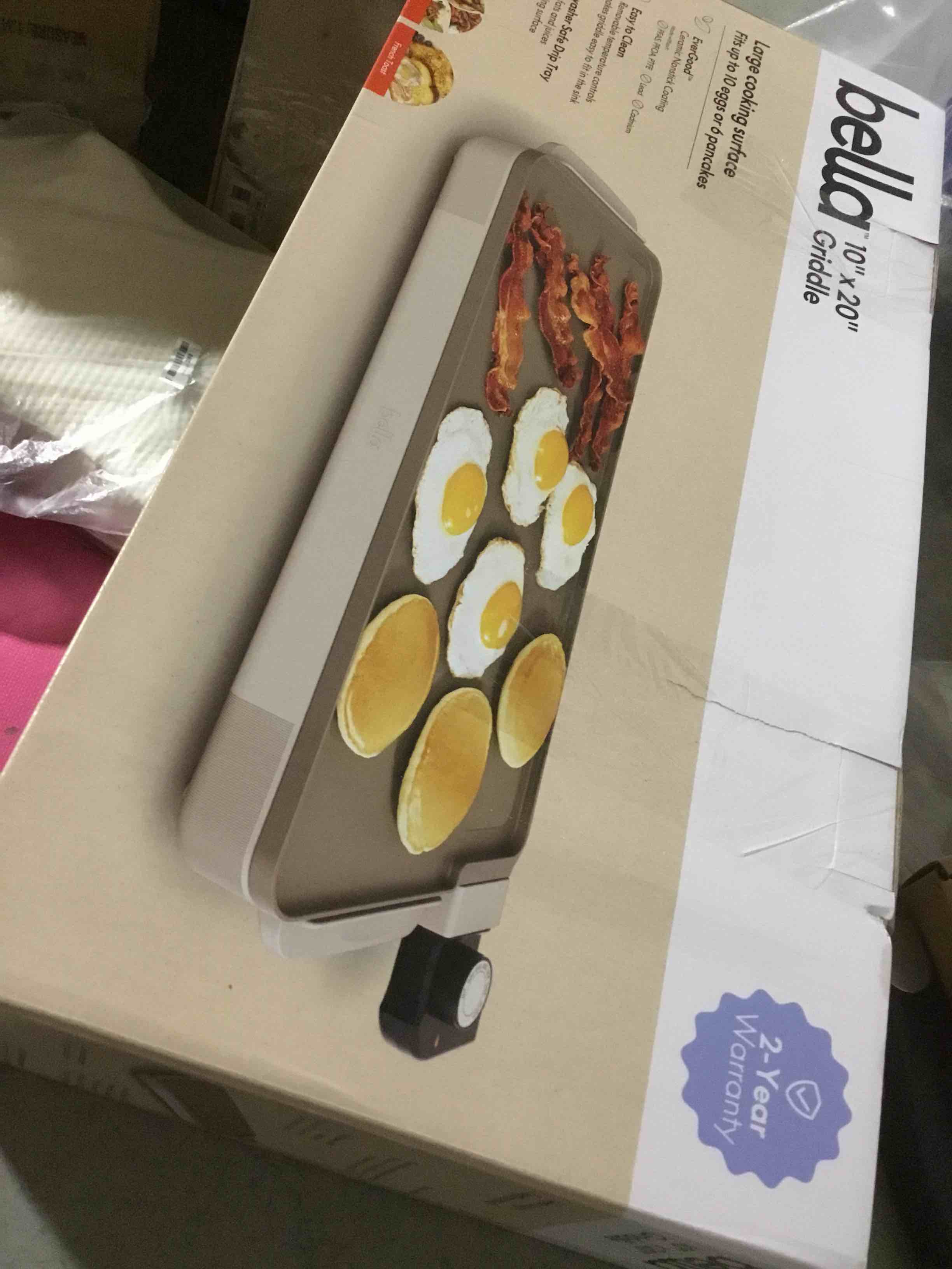 Condition photo showing As Is for (missing the power cord)bella 10" x 20" electric griddle with evergood™ ceramic nonstick coating, removable temperature probe, dishwasher-safe drip tray & cool touch handles, cook up to 10 eggs, 1500 watt, oatmilk 10" x 20" oatmilk
