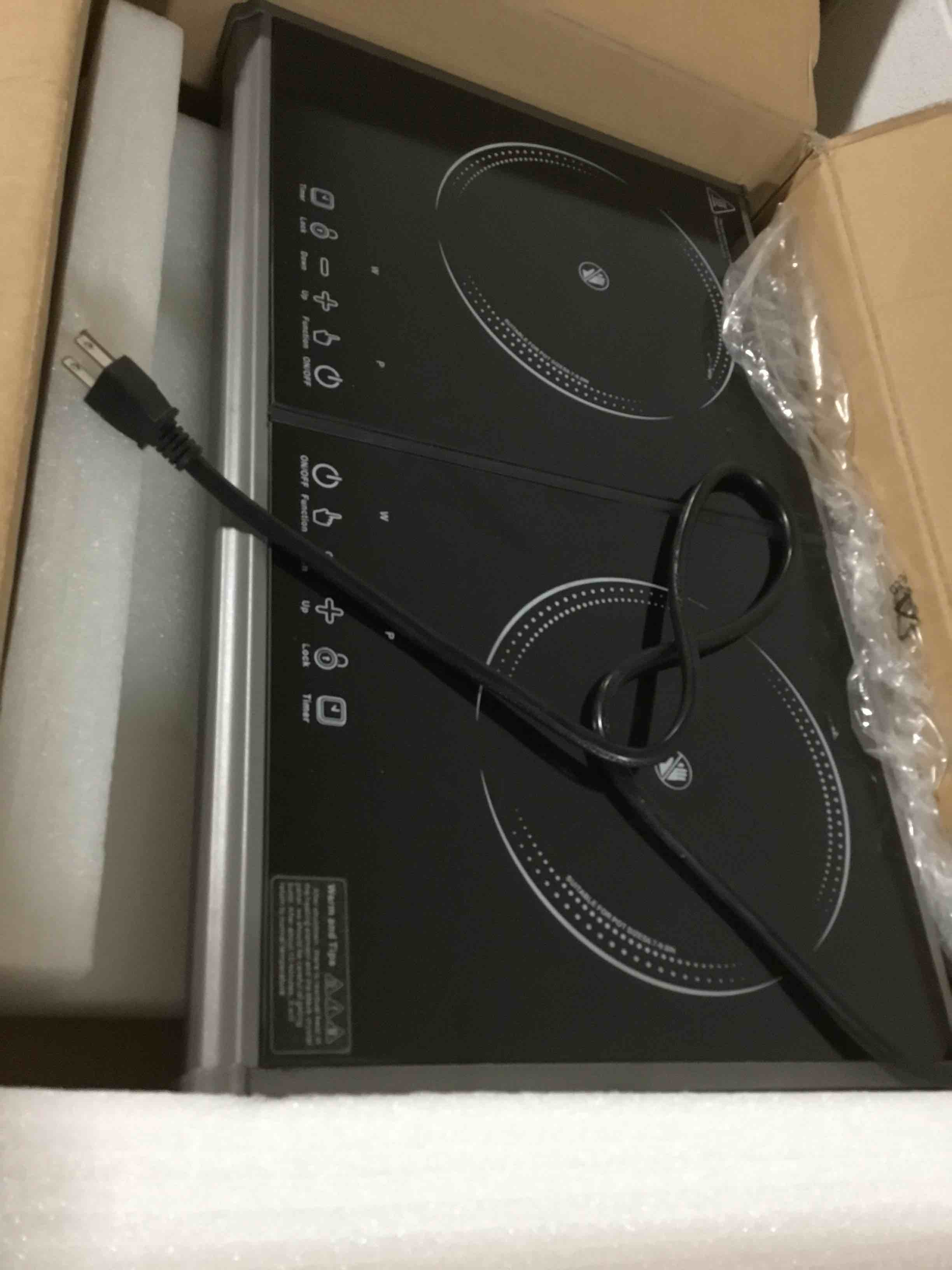 Condition photo showing As Is for electric cooktop,110v 3600w stove top, 20 inch countertop with 9 power levels,led touch control,overheat protection,child safety lock & timer,touch control 2 burner electric cooktop