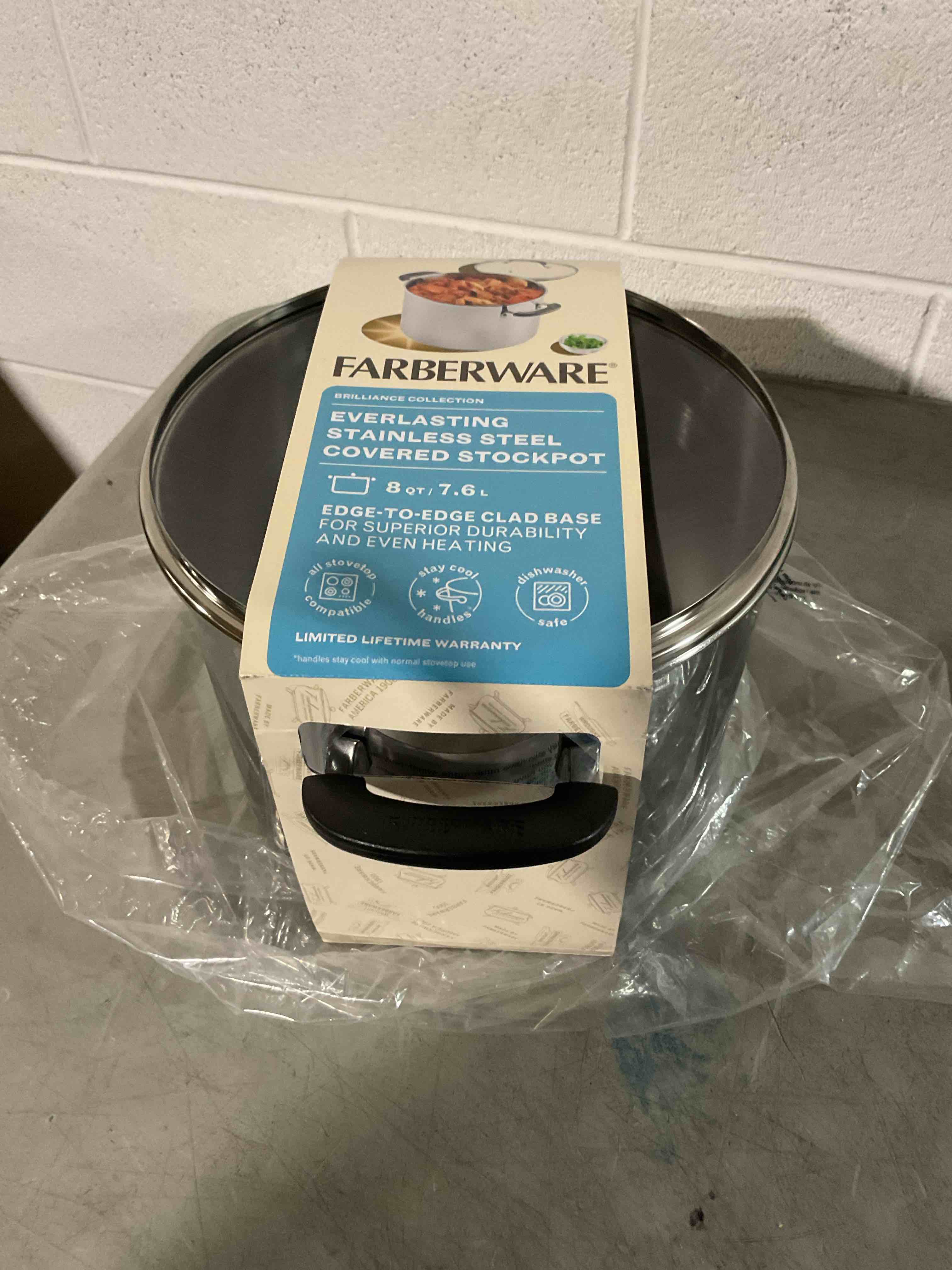 Condition photo showing Good Condition for farberware brilliance stainless steel stockpot with glass lid, 8 quart, dishwasher safe and induction ready, compatible with all cooktops, stainless steel